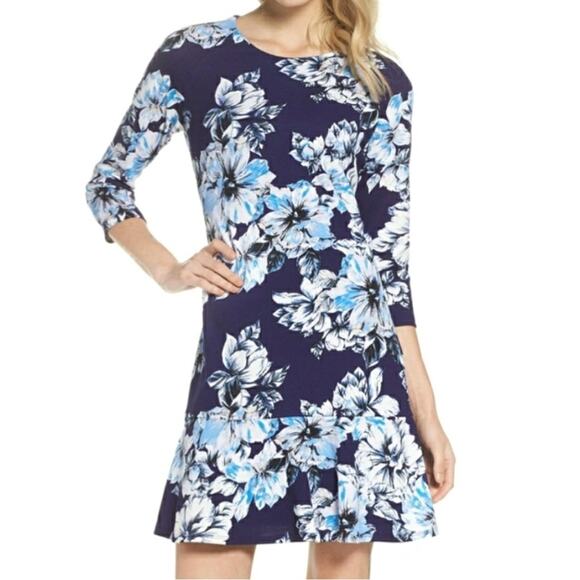 NWT Eliza J Navy Blue White Floral A Line Drop Waist Dress 6 - Picture 1 of 8